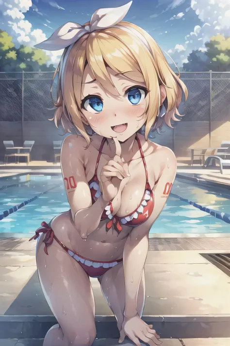 (((masterpiece))), ((highest quality)), ((Very detailed)), ((High resolution)), ((8k)), ((Anatomically correct)), ((The correct number of fingers)), One Woman, Kagamine Rin, Vocaloid, Blonde Hair, short hair, Short, Very cute woman, delicate, Charming smil...