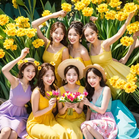 4 ladies smiling , skinny woman holding a sunflower wearing a yellow dress , a not so chubby girl wearing orange dress holding pink tulips, sexy woman wearing aqua blue dress holding a daisy flowers, and a sexy chubby woman wearing a white dress holding a ...