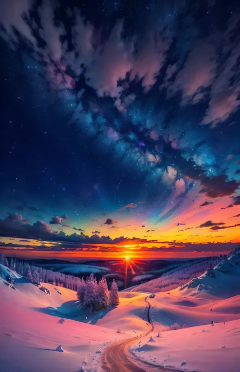 An absolutely mesmerizing backcountry sunset, com uma mistura de laranjas, Pink and yellow covering the sky. This scene is dynamic and breathtakingly beautiful.. Enjoy the pleasant atmosphere、Let tranquility take over you.、star、 、Texas, USA landscape、It&#3...