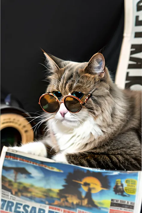 AP,no humans,cat,realistic,animal focus,animal,blurry,simple background,whiskers,newspaper,gray background,ragdoll,wear sunglasses,

