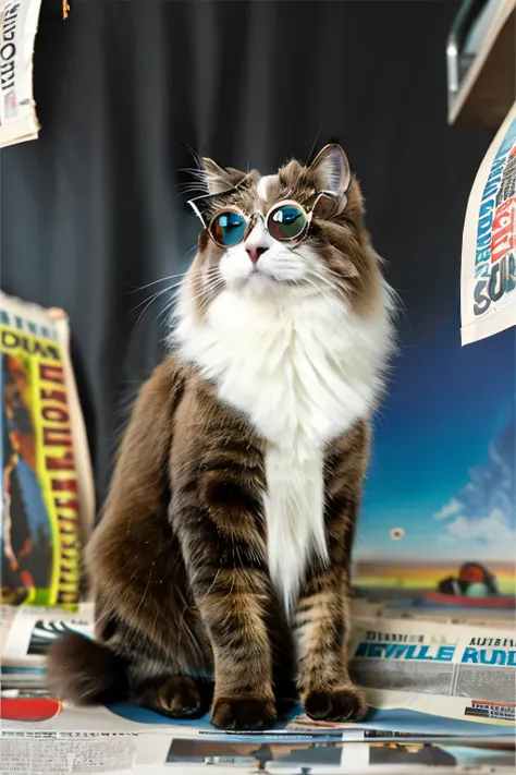 ap,no humans,cat,realistic,animal focus,animal,blurry,simple background,whiskers,newspaper,gray background,ragdoll,wear sunglass...