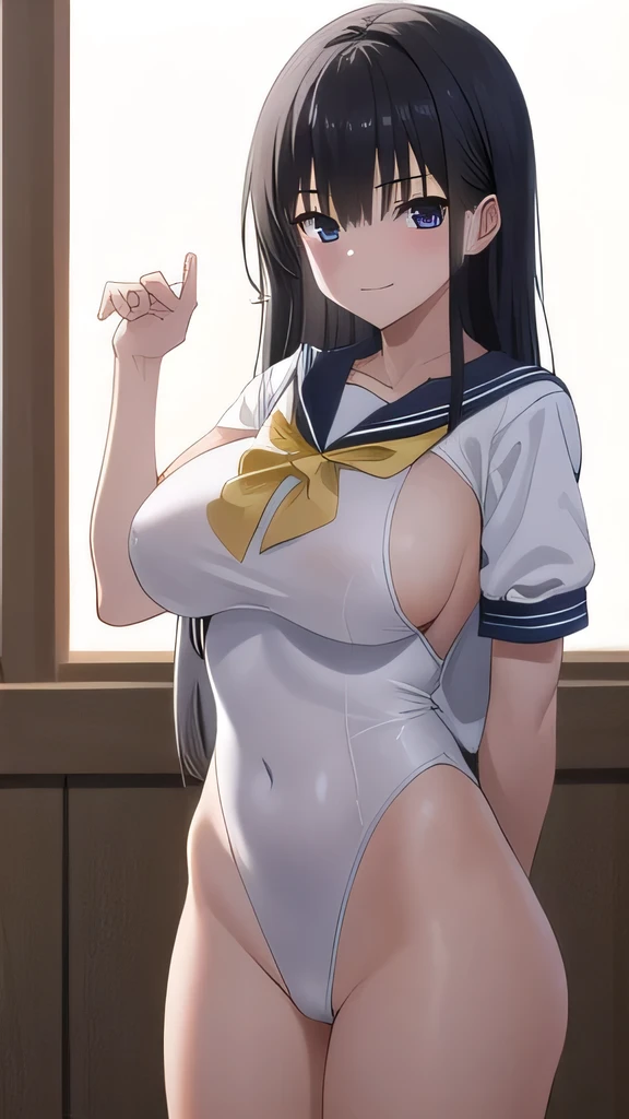 masterpiece, best quality, absurdres, perfect antomy, 1girl, solo,Long Hair, standing, cowboy shot, Naughty smile、Detailed sailor-style leotard、Big Breasts、