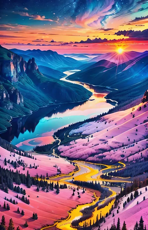 Midsummer、An absolutely mesmerizing backcountry sunset, com uma mistura de laranjas, Pink and yellow covering the sky. This scene is dynamic and breathtakingly beautiful.. Enjoy the pleasant atmosphere、Let tranquility take over you.、star、 、Texas, USA lands...