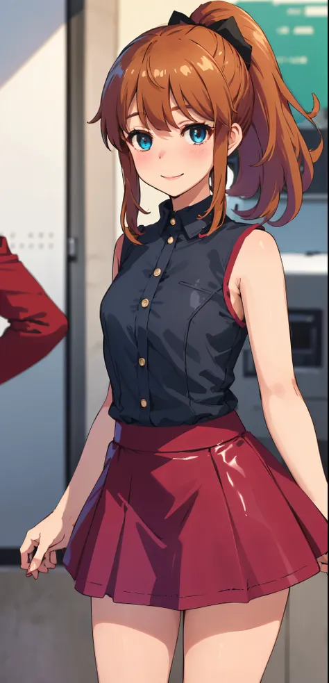 best quality, (masterpiece:1.2), highly detailed, standing, street,
1girl, solo, akatsuki minami,
looking at the viewer, closed mouth, smile, slight blush,
blue eyes, brown hair, ponytail, hair bow, sleeveless, (((dominant girl, latex skirt,  latex shirt )...