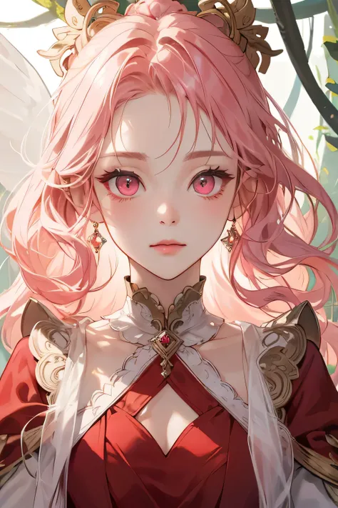 Empress, forest nymph, ethereal forest girl, perfect anatomy, hanging jewels, pretty girl, amazing body, best proportions, yunani red dress, ancient goddess ((((closeup face)))), looking at viewer, white long curl hair, pink eyes, closed mouth, elegant emp...