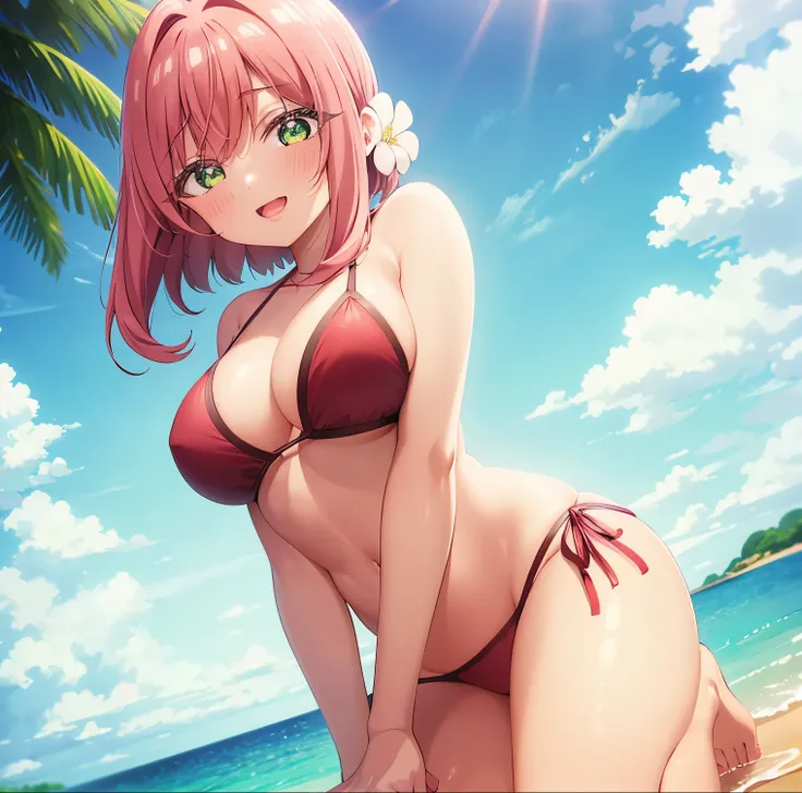 1 girl, alone, hanazono hakari, masterpiece, best quality, 1 girl, Hikari, short hair, pink hair, green eyes, (hair flower: 1.1), hair ornament, (red bikini:1.2), red bra , red thong, barefoot, smile, blushing, blushing nose, open mouth, sitting in the san...