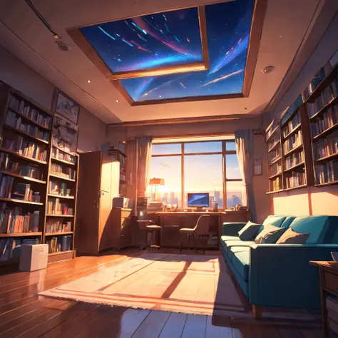 Modern Home，Large living room，night，bookshelf，floor，((Ultra-Wide Angle)), f/1.8, Sony FE GM, lens flare, (((fisheye:1.4))), (((from below))), panorama, atmospheric perspective