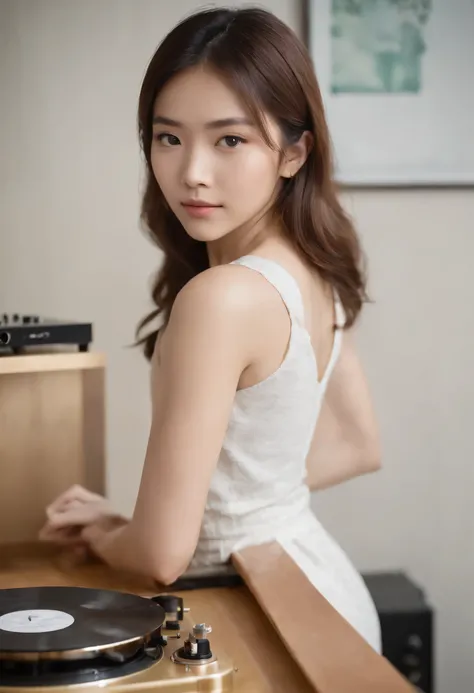 a very beautiful Japanese teenage woman wearing singlet summer dress, slender shape, pulling music vinyl to put on turntable and McIntosh amplifiers ma9000 in beautiful music room in background, diffuse lighting design, ultra-realistic