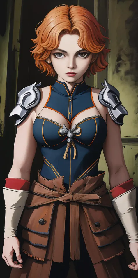 funger, very detailed illustration, 1girl, big breasts, high res high quality, masterpiece, looking at viewer, (knight), orange hair, absurdness, ultra-detailed, short hair