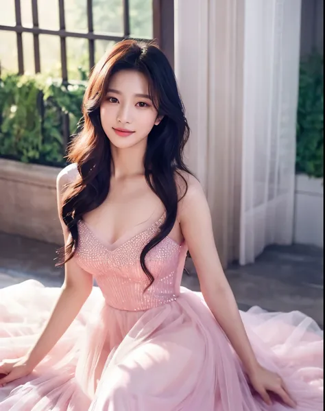 arafed woman in a pink dress posing for a picture, bae suzy, translucent dress, ethereal and dreamy, dreamy and ethereal, lee ji-eun, lee ji - eun, jinyoung shin, heonhwa choe, wearing organza gown, beautiful young korean woman, gorgeous young korean woman...