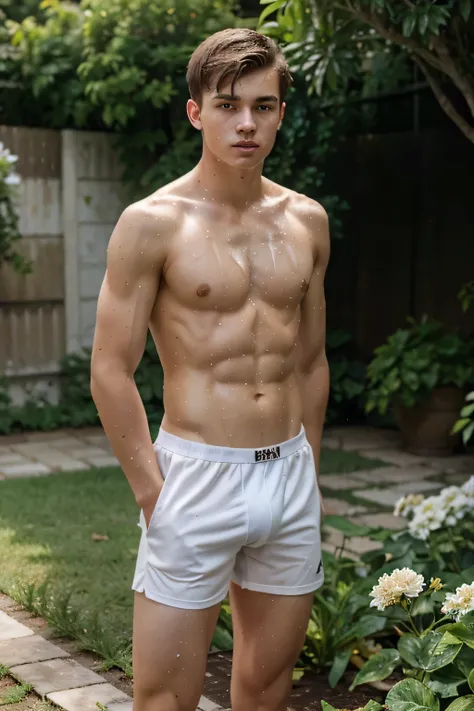 a lean 19-year old caucasian boy wearing a white boxers, short brown hair, youthful face, drenched in sweat, sweating profusely, in the garden