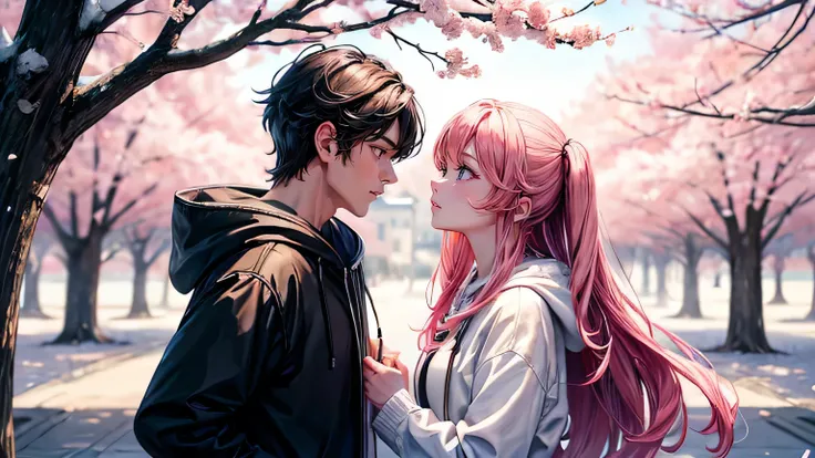 (oil, masterpiece, highest quality, Super detailed, Focus on the characters), Handsome man and pretty woman looking at each other、cherry blossoms，Detailed hair depiction,([return:0.8]|[ face facing returnwards:1.1]), 
hoodie,([Night cherry blossoms tree-li...