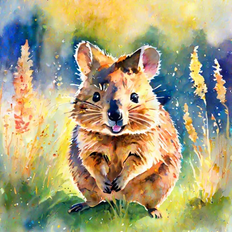 a water color painting small animal that is standing in the grass, portrait of a happy quokka, quokka, by Dietmar Damerau, backlit golden hour, backlit fur, cute forest creature, at the golden hour, australian, by Marten Post, at golden hour, during golden...