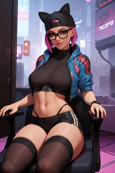 (masterpiece), (best quality),Gamer chair (solo), looking the viewer, cyberpunk, high detailed,extremely detailed,shorts,long White thigh high socks, jacket, fine eyes, smile,dynamic pose, short pink hair,cap,fingerless glove,glasses.