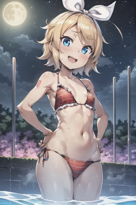 (((masterpiece))), ((highest quality)), ((Very detailed)), ((High resolution)), ((8k)), ((Anatomically correct)), ((The correct number of fingers)), One Woman, Kagamine Rin, Vocaloid, Blonde Hair, short hair, (White ribbon on head), Short, Very cute woman,...