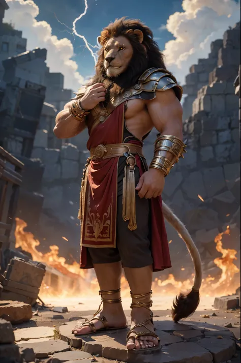 (((Barefoot furry character, full body, cinematic setting, furry male, plantigrade, nice soles, glowing eyes, drooling, wearing gladiator sandals))) (Zeus - King of the Gods) depicted as a majestic and old (((lion))) anthro with a muscular build, golden fu...