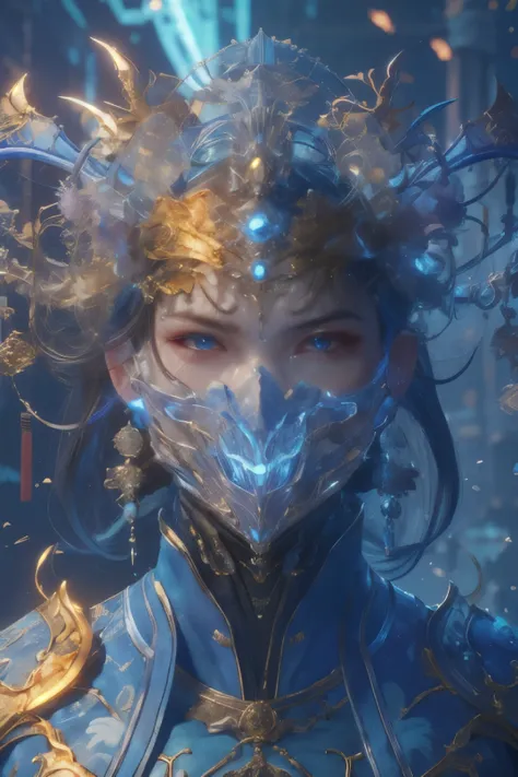 (8K) (Artstation is very detailed), ancient Chinese armor, wearing masks and armor characters, epic battle scenes, with Chinese dragon patterns on the dark parts of the armor, gold armor, and rich details in the characters dark parts. The background is a C...
