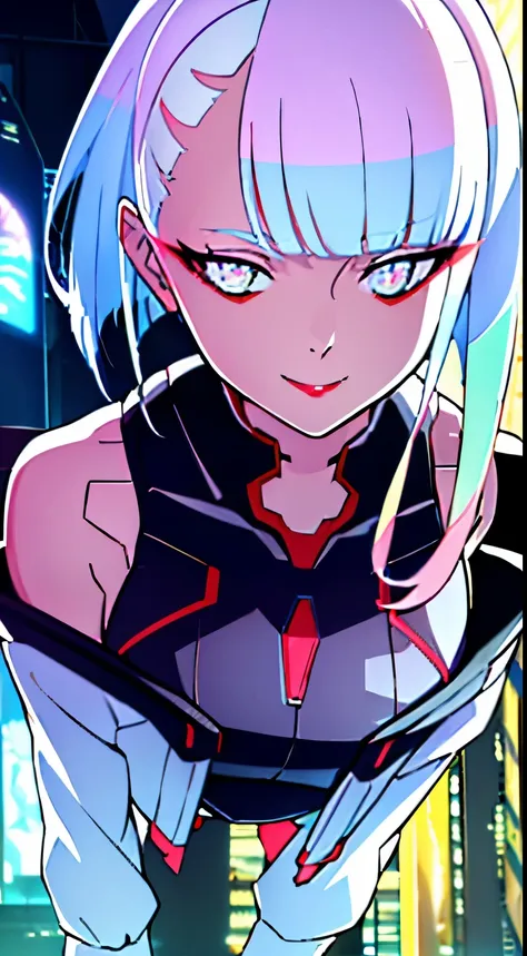 masterpiece , 4k , great illumination ,lucyna kushinada , in neon city , in skyscraper, short hair , white hair , beautiful glow...