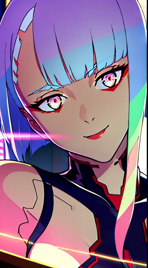 masterpiece , 4k , great illumination ,lucyna kushinada , in neon city , in skyscraper, short hair , white hair , beautiful glow...