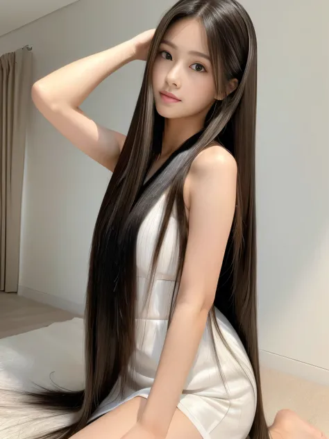 (Upper Body Shot:1.1) (She is in a random standing pose, showing off her back and hair to the viewer, in a room with white walls and white decor) ((highest quality)), ((masterpiece)), (Familiar), (Get used to it) (Reaches up to the kneeVery long hair high...