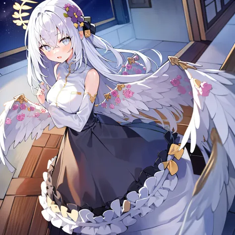 detailed, dense, masterpiece, A girl, Beautiful big breasts, Wearing a white cardigan, Everlasting,Standing by the bed,With blanket, white hair, 16 years old, Light smooth skin, Light skin, Light hair, Clear eyes, Light's eyes,blue eyes, Light pink li...