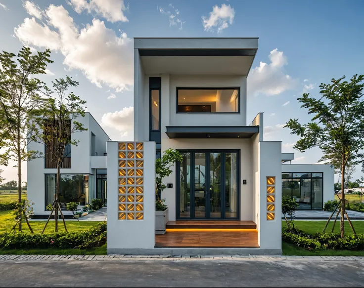 Masterpiece, high quality, best quality, authentic, super detail, outdoors, onestoreyvillaXL, aiaigroup, house style modern on the street ,stairs, white wall ,road,pavement, grass, trees, sky, cloud, (daylight:1.1)