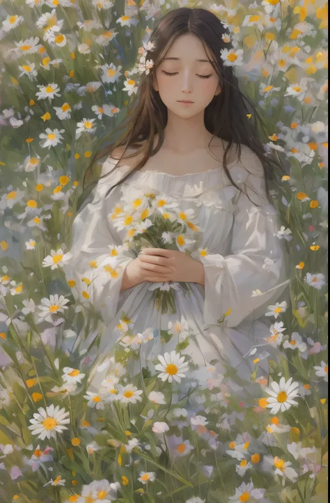 Capture the essence of pure serenity and natural beauty in an awe-inspiring oil painting that transports viewers into a dreamlike world where a girl finds solace amidst a sea of Paper Daisies. Imagine a tranquil meadow bathed in the soft glow of the settin...