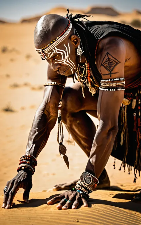 A sorcerer leaning towards the viewer, side angle lens photography,Tribal,desert,Voodoo rituals,Ultra HD details