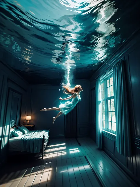 there is a woman floating in a room with a window, under water visual distortion, still from a music video, thalassophobia, inspired by Elsa Bleda, suspended underwater, virtual metaverse room, floating under water, astral projection, surreal photo, underw...