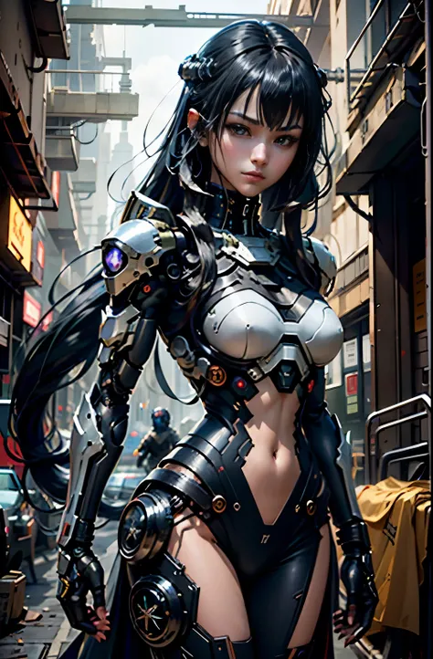 fantasy、black hair color、super long hair、cyberpunked、(double sword、scorpion cyborg woman、das veilchen:1.1)、1 woman、mechanical te...