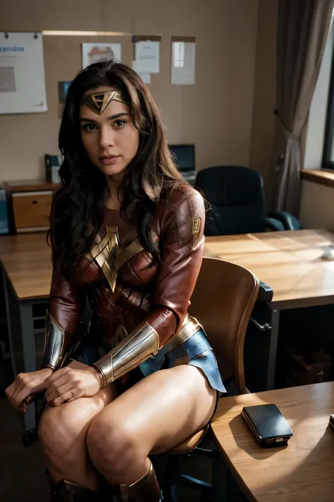 wonderwoman sitting at a table, photo of a woman, sitting at desk, corporate photo, handsome, professional portrait hd, sitting at a desk, a photo of a woman, handsome and attractive, professional profile photo, attractive man, sitting behind desk, looking...