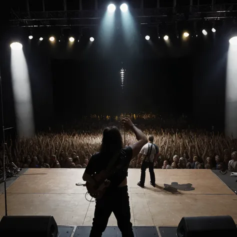 album cover, 80s heavy metal band , 4 man band on live concert stage up close with lots of stage lights and a crowd in the foreground 