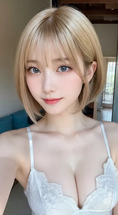 Beautiful and fair、Radiant Skin, 3 Up, Gorgeous, bright, Refreshing and gentle expression, Perfect beautiful face、Blonde short hair，Beautiful shiny bangs, A very beautiful 17 year old girl, Eyeliner, Very perfect and beautiful lovely big clear sky blue eye...