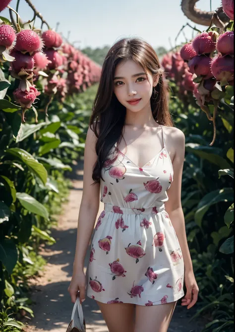 (ultra-detailed,highres,realistic:1.2),2girls,beautiful detailed eyes,beautiful detailed lips,detailed eyelashes,((big dragon fruit orchards)), every where Dragon fruit orchards,red dragon fruits,vibrant colors,Korean girl,modern fashion style,smiling face...