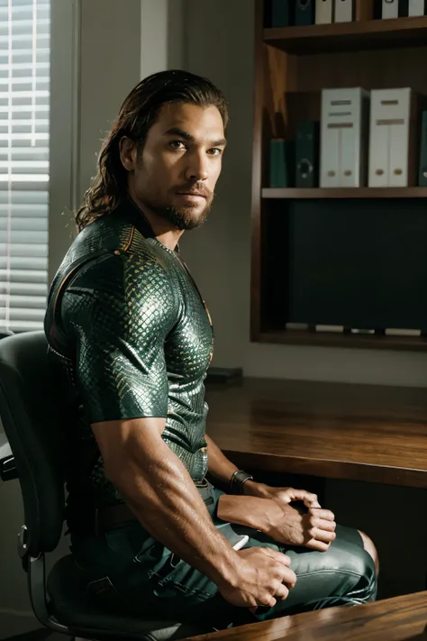 Aquaman sitting at a table, photo of a man, sitting at desk, corporate photo, handsome man, professional portrait hd, sitting at a desk, a photo of a man, handsome and attractive, professional profile photo, attractive man, sitting behind desk, looking str...