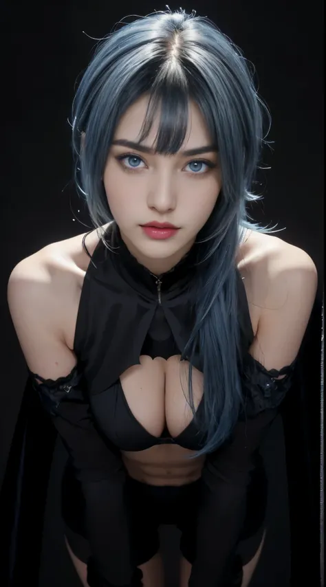 8K, Top Quality, Intricate Details, Ultra Detail, Ultra High Resolution, Masterpiece, close up shot, (full body: 1.1), Slender, Smile, (Makeup: 0.4), (Fluffy blue Eyes: 1.21), (()), 1girl, solo, 1 girl, ((blue hair, bangs)), close up shot, , ((tall)), (((f...