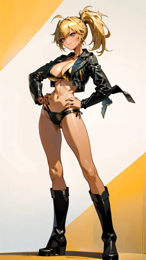 Masterpiece, best quality, Masterpiece, best quality, 1 woman  , blue eyes , yellow ponytail , black leather jacket , sly face , smile , bikini , abdomen, big breasts , Long legs , boots , hands on hips , Blank background