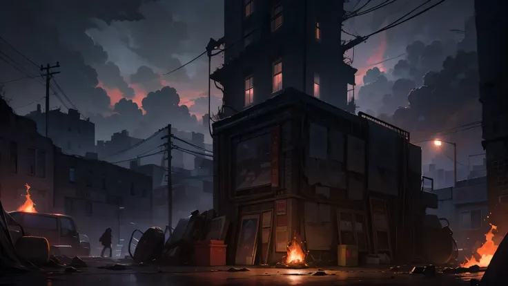 Ruined city，The city streets are full of zombies，There is a lot of dirt on the ground，electric wire，Dark silhouette of city in background，Very dark and closed night，Dental density，A lot of smoke，Dim light bulb， cloudy night sky，Some tall buildings are on f...