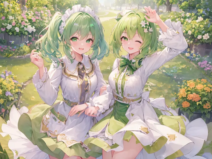 (((Highest quality ultra detailed,Unity 8k))),１girl,emerald eye,beautiful girl,A big smile,(((tareme:1.5))),Twin tails,Medium Hair.straight hair,large breasts,Garden with flowers,{{one eye closed}}, thin eyebrows,Wink