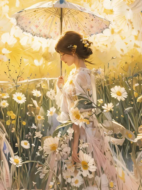 Capture the essence of pure serenity and natural beauty in an awe-inspiring oil painting that transports viewers into a dreamlike world where a girl finds solace amidst a sea of Paper Daisies. Imagine a tranquil meadow bathed in the soft glow of the settin...