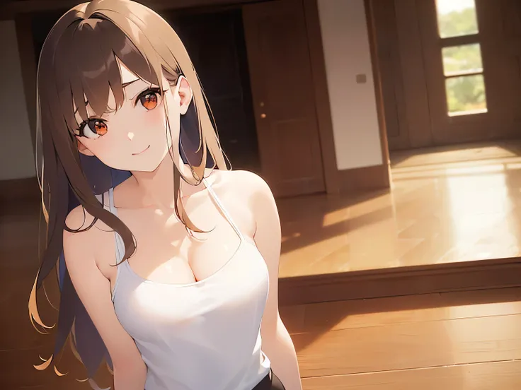 head tilt、Cleavage、Upper Body, Realistic, real person, (pale skin: 1.2), RAW photo, photorealistic, shiny skin, shiny hair、(A 25-year-old woman with medium-length hair and bangs) and (wavy hair) and (brown hair) and (orange eyes) , Wearing a white tank top...