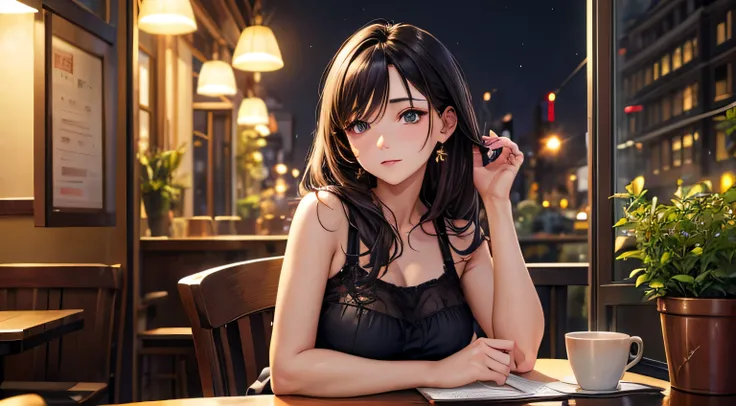 (masterpiece), highest quality, Expressive eyes, Perfect Face, Woman studying raffle,night,Cafe, Study pose, A peaceful streetscape of fresh greenery outside the window, Cozy interior, Vibrant colors, whole body