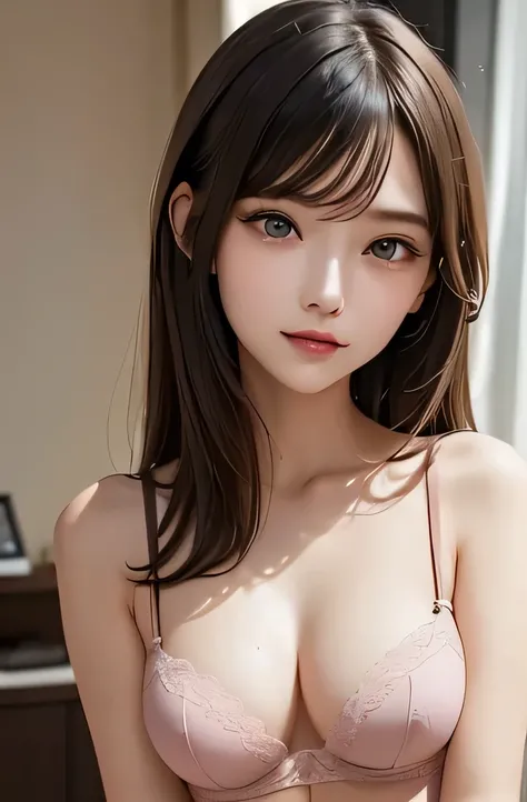 (((best quality))),1 female,Cool Beauty,slender face,thin eyebrows,Black Hair,Brown eyes,medium hair,straight hair,looking at viewer,bedroom,medium chest,20th Generation,No pubic hair,Height: 165cm,full body,Pink underwear,Cool Beauty,
