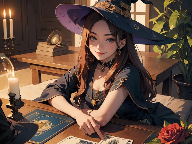 masterpiece、highest quality、Depth of written boundary、Perfect lighting、Mysterious fortune teller doing tarot reading、(((One young girl fortune teller、Cute Dresses、Witchs Pointy Hat、smile)))、かわいい女の子の占い師はタロットカードをsmileで眺めている、((Classic and beautiful tarot card...