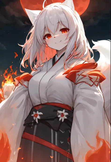 a furry、(((White Fox Girl)))、White kimono burning red、Glowing red eyes、a smile、((Burning flame))、V-shaped face woman、((Bright and large red full moon))、starrysky、face forcus、from below,dynamic ungle、Professional Writing