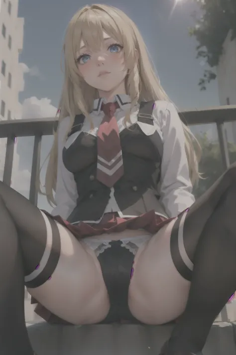 ((masterpiece, best quality)), insaneres, absurdres, solo, outdoors,
CLOTHING_BibleBlack_SchoolDress_ownwaifu, 
1girl, blonde hair,  long hair, blue eyes, 
black vest, red skirt, white undies, white shirt, collared shirt, suspenders, , black thighhighs, ze...