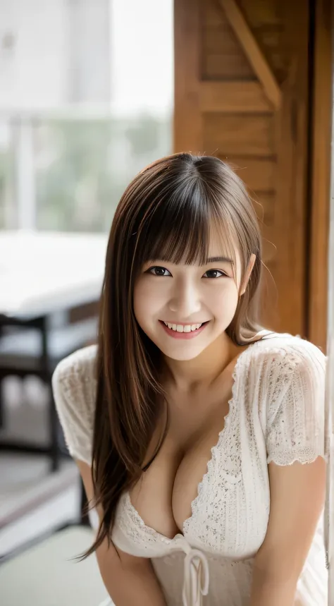 masterpiece,best quality,(Japanese ),((Beautiful girl)),cleavage,indoor,(perfect body beauty:1.2),(shy smile),beautiful teeth,