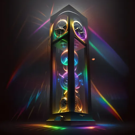 a close up of a clock tower with a rainbow light