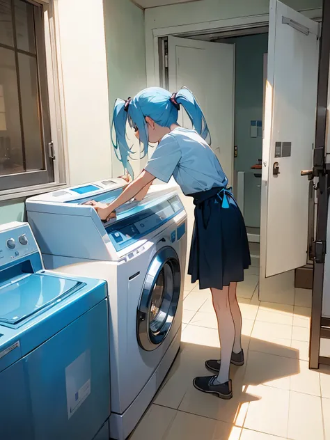 Girl doing laundry Washing machine Clothesline Washing dishes Twin tails Light blue hair