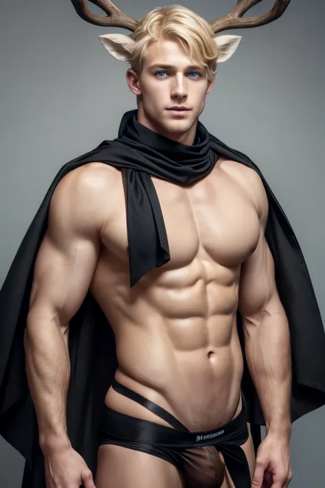 Caucasian man,  thin nose, thin lips, blue eyes, blonde hair, deer horn on his head, jock putfit, young handsome face, best quality,masterpiece,Ultra high detail,A handsome muscular man, deer horn on his head, topless, black micro thong, with black cloth, ...